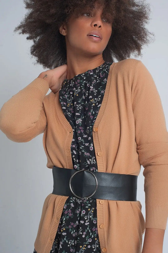 Button front cropped knit cardigan in camel - Sweaters