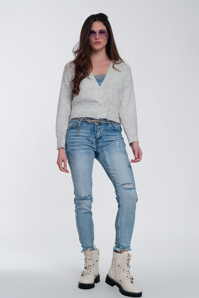 Button front cropped knit cardigan in light gray