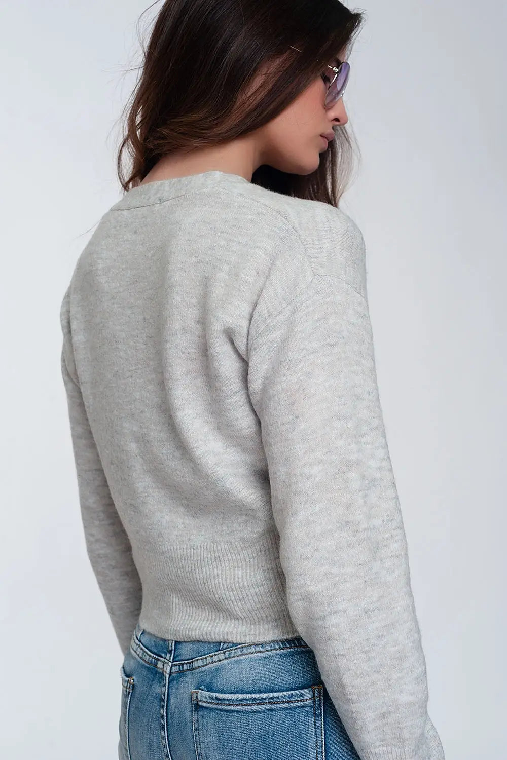 Button front cropped knit cardigan in light gray - Sweaters
