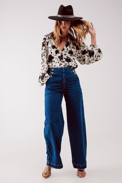 Button front jean in mid blue