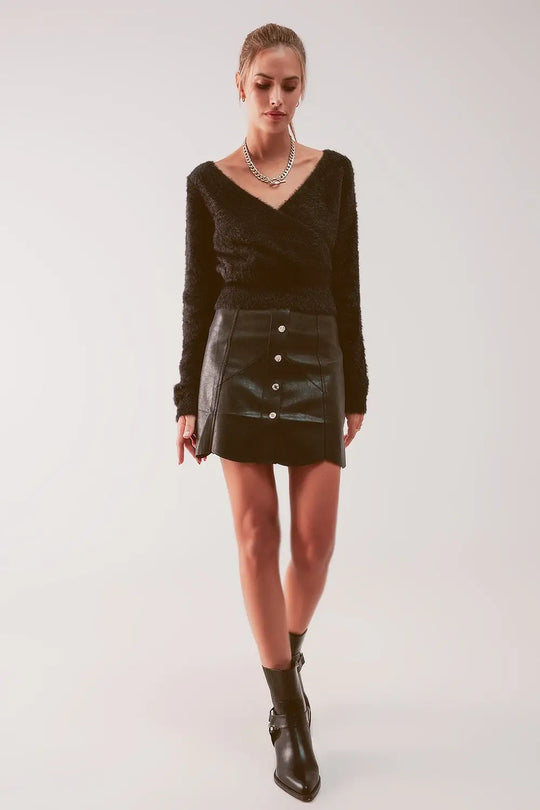 Button Black Faux Leather Skirt - Skirts