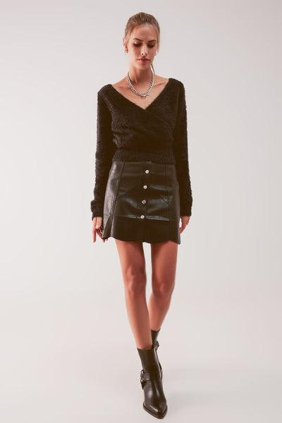 Button Black Faux Leather Skirt