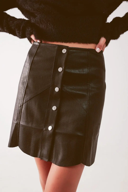Button Black Faux Leather Skirt - Skirts