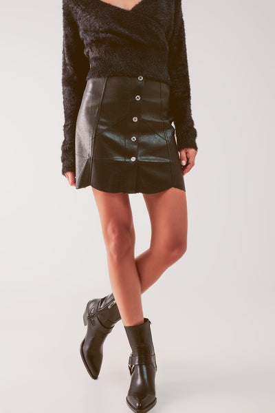 Button Black Faux Leather Skirt