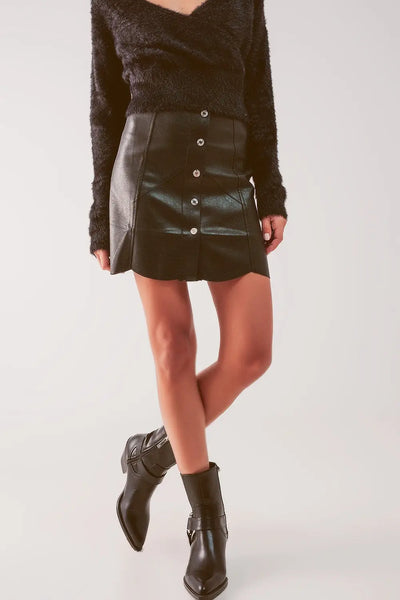 Button Black Faux Leather Skirt - Skirts