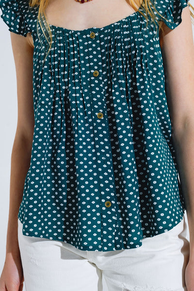 Button Up Blouse With Frilly Short Sleeves and Flower Print in Green