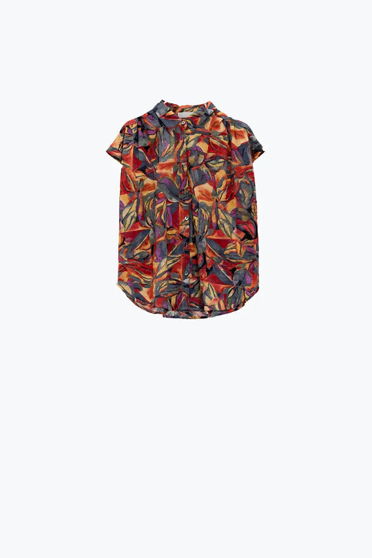Button Up Relaxed Blouse With Short Sleeves In Red Multicolor Flower Print - Shirts