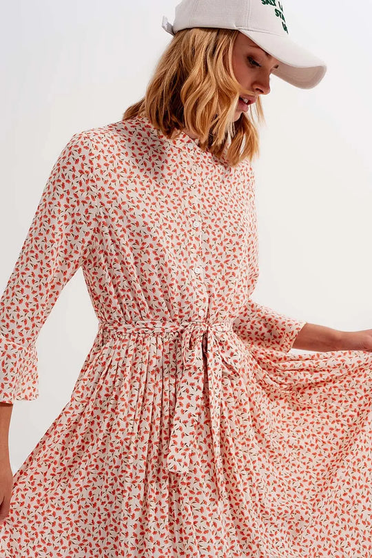 Buttoned midi dress with high collar in floral print coral - Dresses