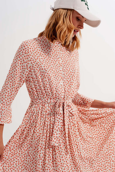 Buttoned midi dress with high collar in floral print coral