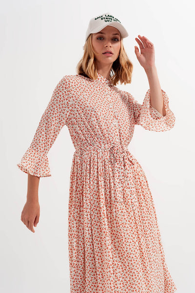 Buttoned midi dress with high collar in floral print coral