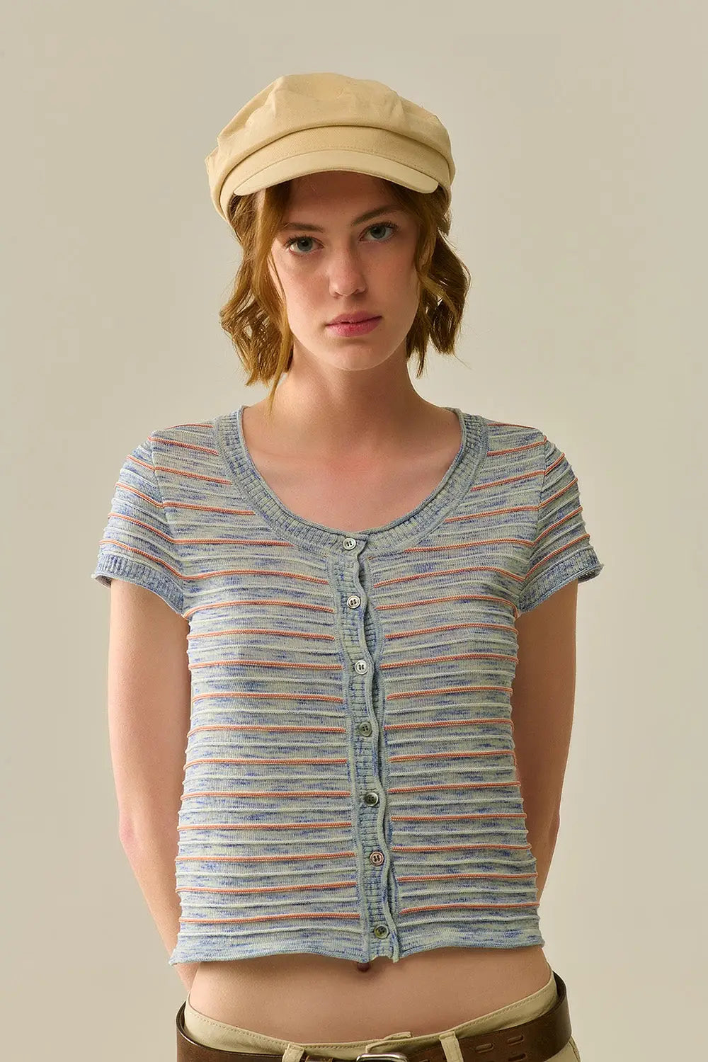 Q2 Buttoned Sweater In Blue Featuring Orange Stripes