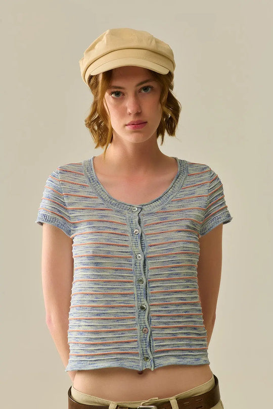 Q2 Buttoned Sweater In Blue Featuring Orange Stripes