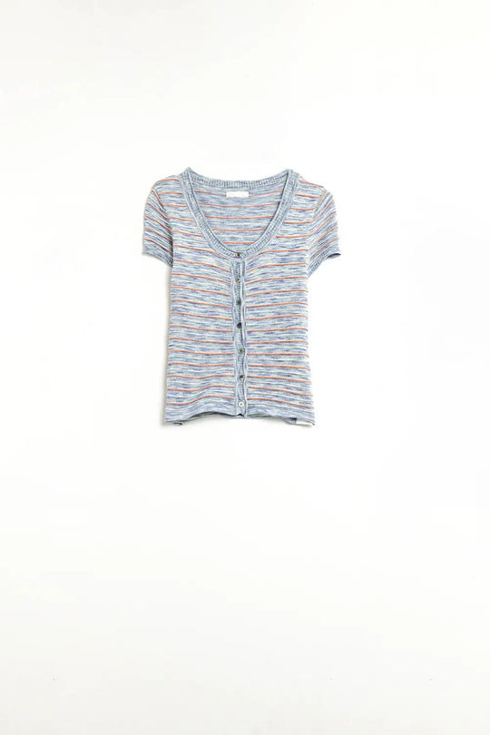 Buttoned Sweater In Blue Featuring Orange Stripes - Sweaters