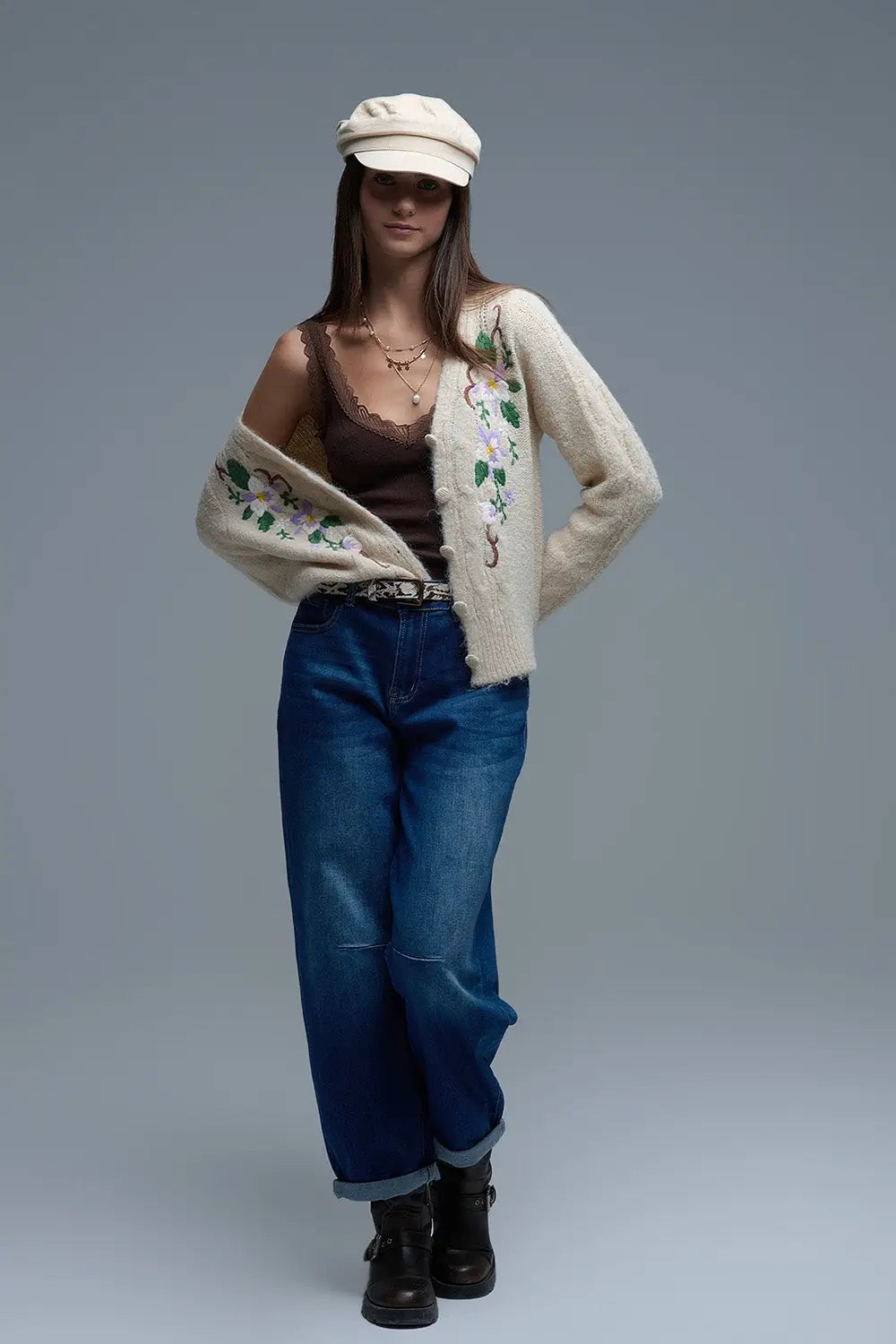 Cable Knit Beige Cardigan With embroidered Flowers - One Size / Beige - Sweaters