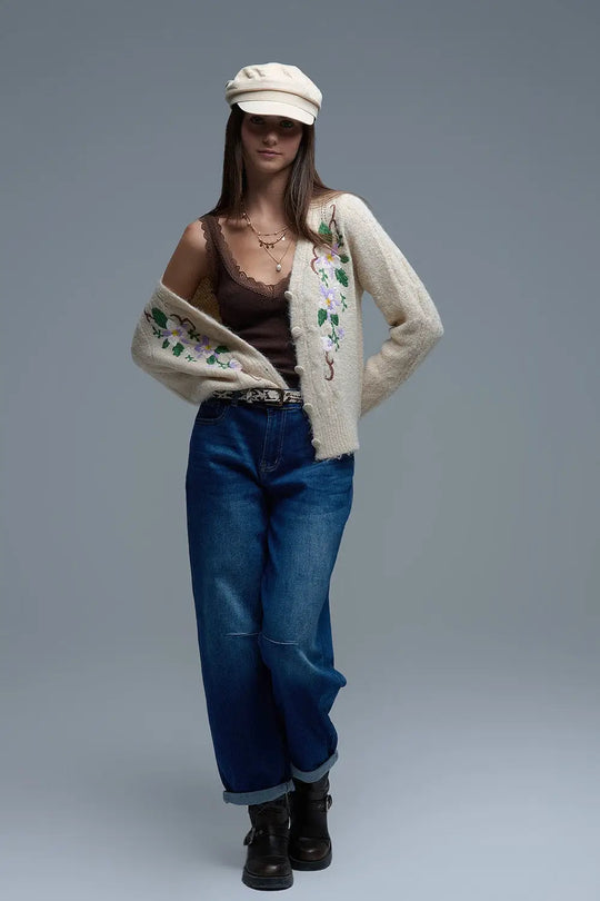 Cable Knit Beige Cardigan With embroidered Flowers - One Size / Beige - Sweaters