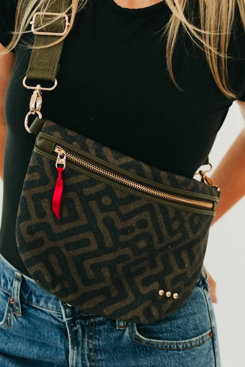 Callahan Canvas Printed Bum Bag - Olive &amp; Black Geometric - Bum Bag