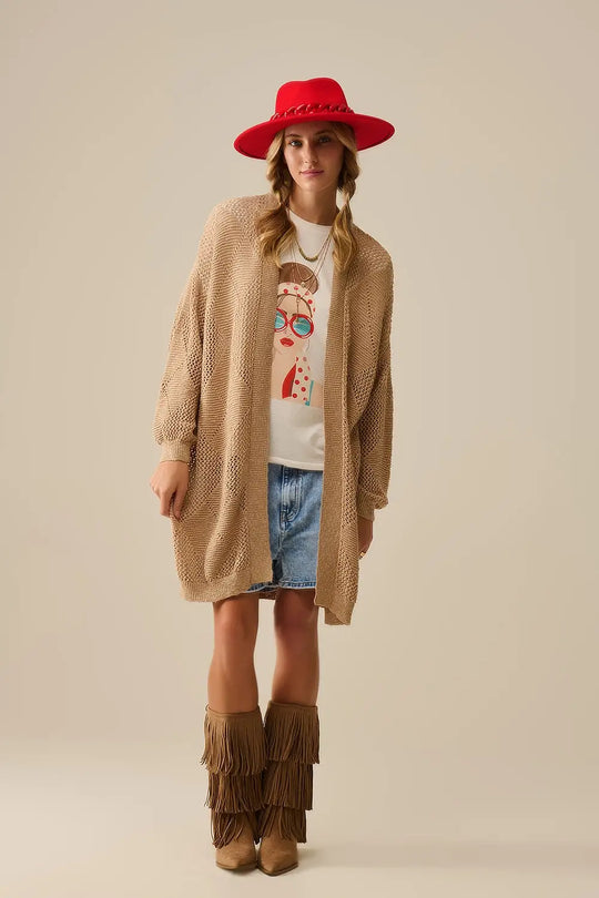 Camel Draped Cardigan With Crochet Design - One Size / Beige - Sweaters