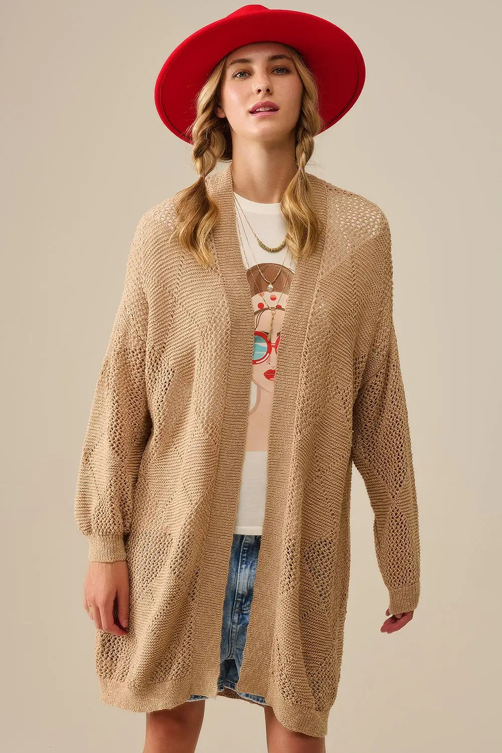 Camel Draped Cardigan With Crochet Design - One Size / Beige - Sweaters