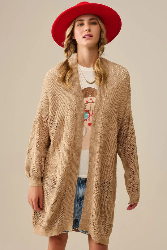 Camel Draped Cardigan With Crochet Design - One Size / Beige - Sweaters