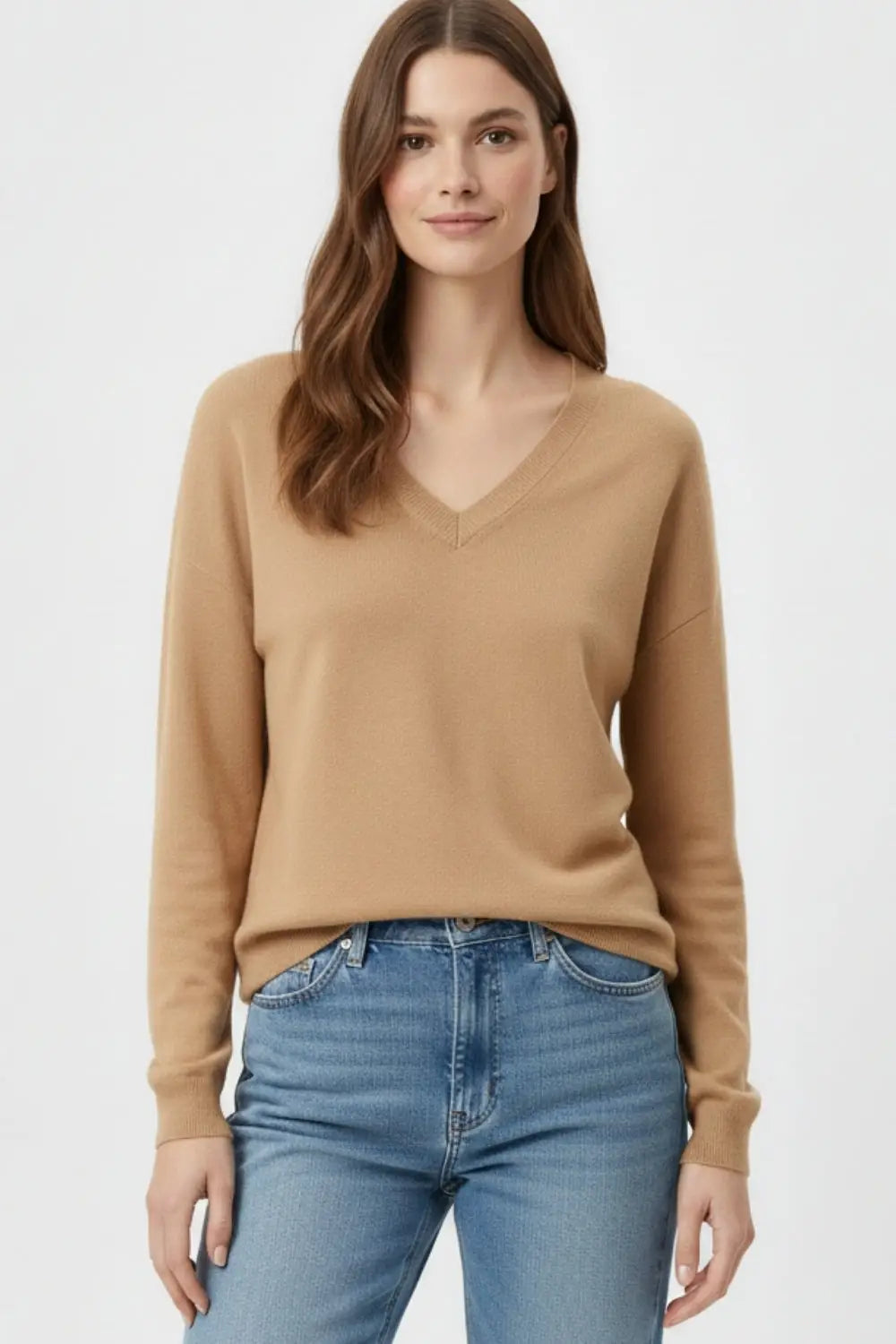 Camel Fine Knit V-Neck Sweater with Subtle Linear Texture - One Size / Brown