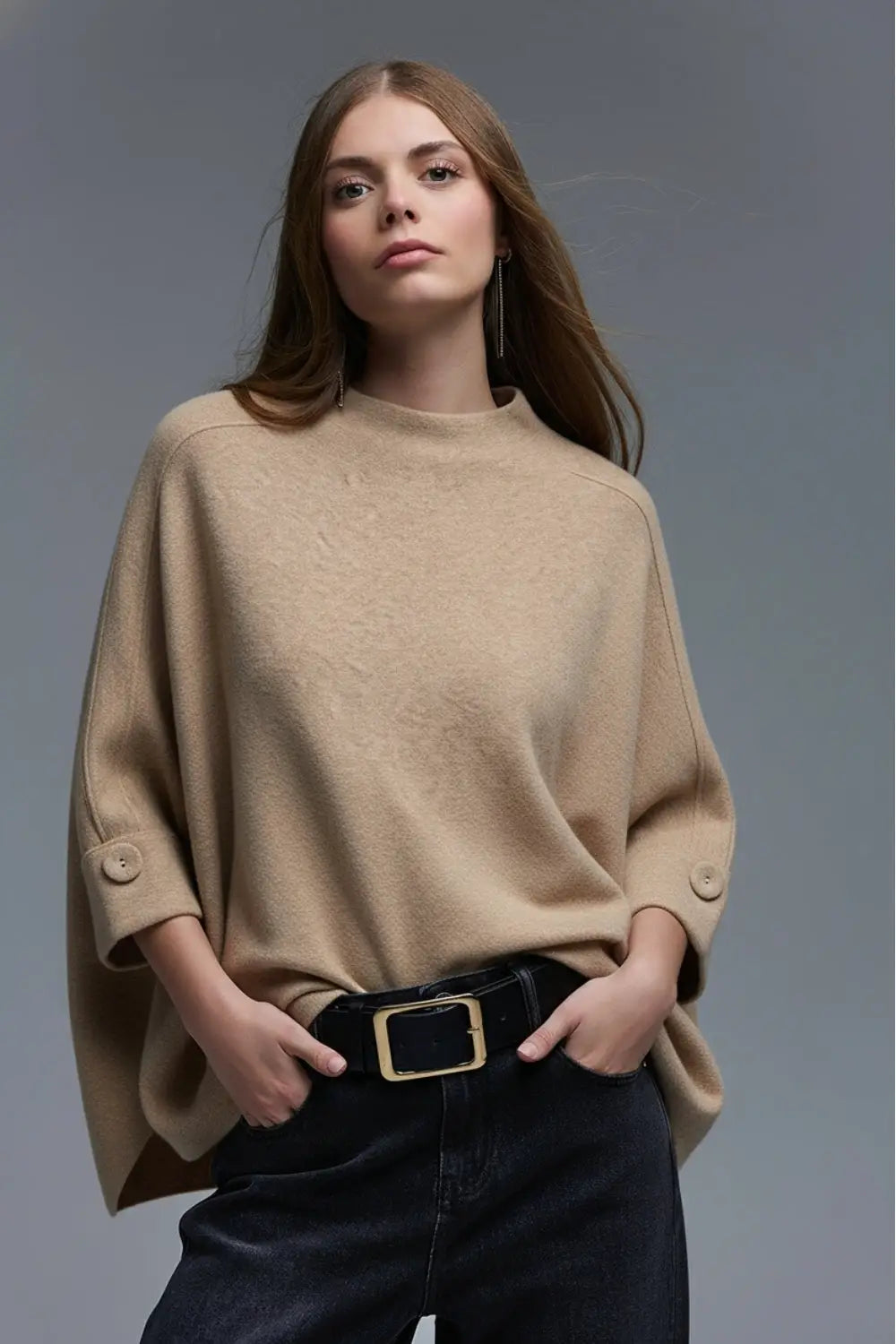 Camel Knitted Sweater with Button Details - One Size / Beige