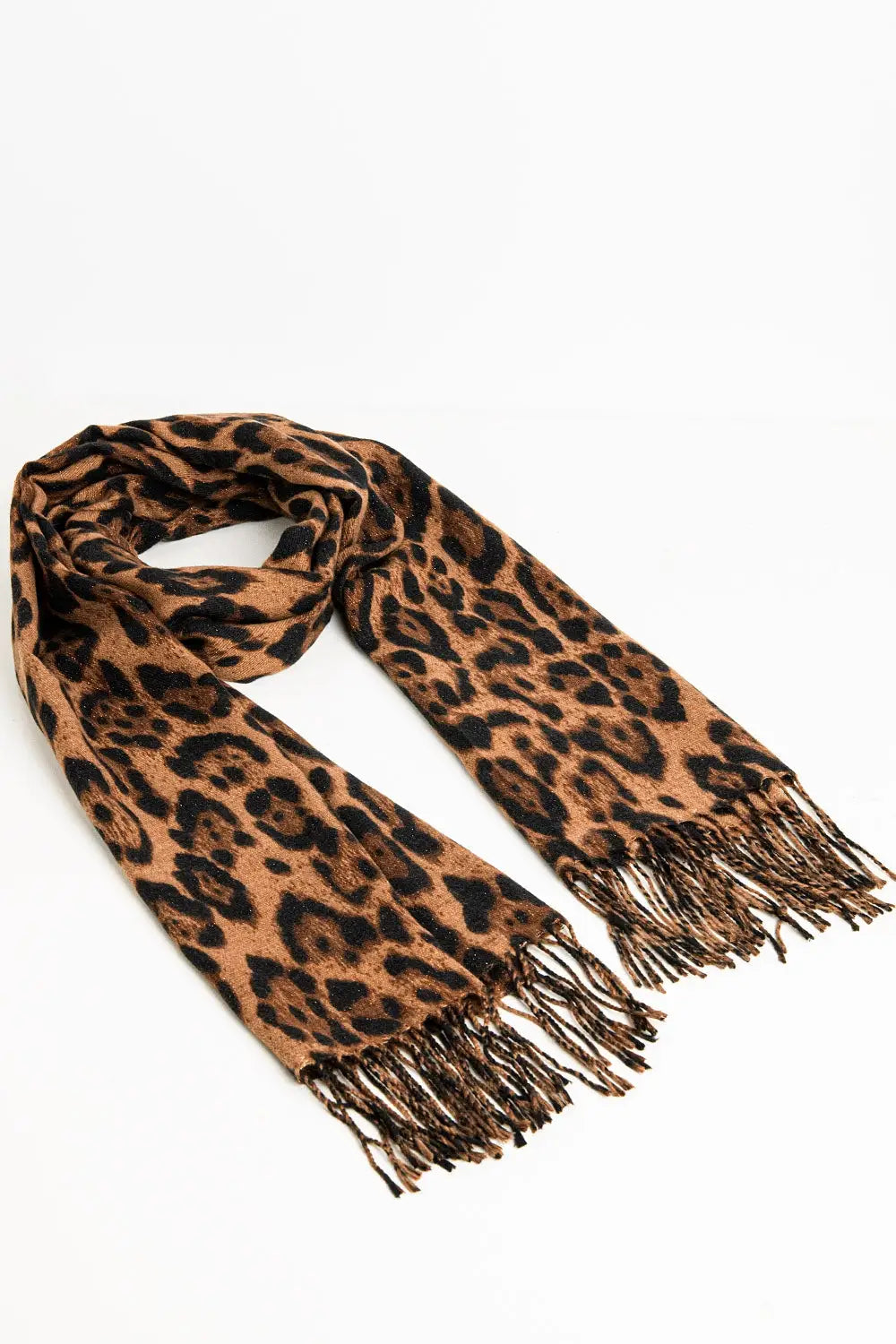 camel Leopard print fluffy knit scarf with rhinestone details - One Size / Brown - Scarves & Hats