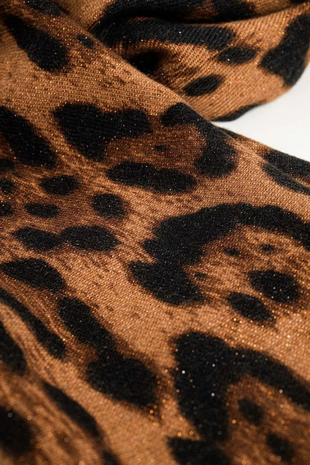 camel Leopard print fluffy knit scarf with rhinestone details - One Size / Brown - Scarves & Hats