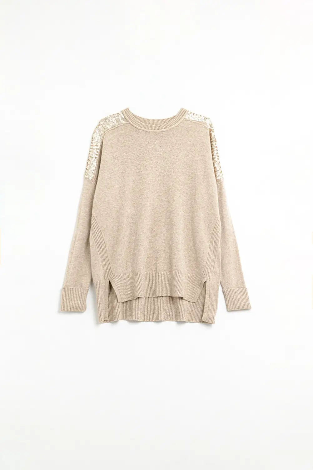 Q2 camel Long Sleeves Sweater With Sequins on The Shoulders