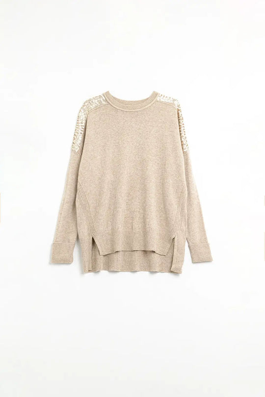 Q2 camel Long Sleeves Sweater With Sequins on The Shoulders
