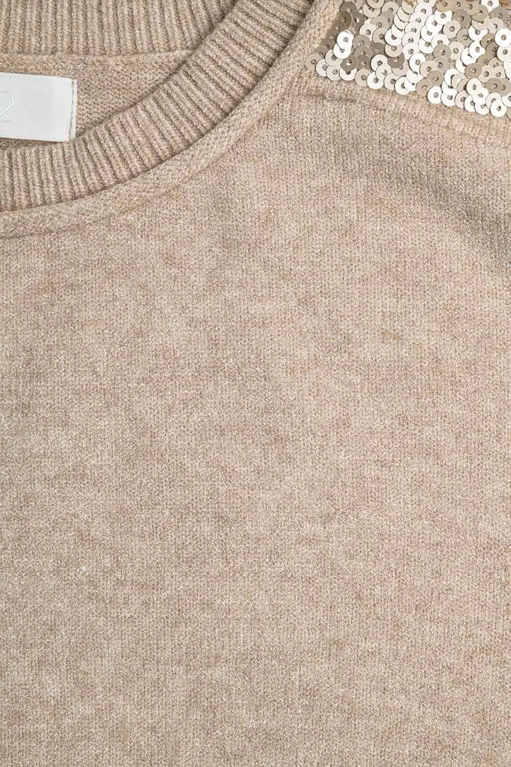 camel Long Sleeves Sweater With Sequins on The Shoulders - One Size / Brown - Sweaters