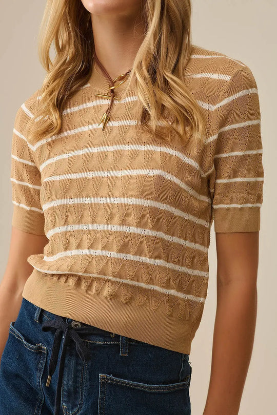 Camel Openwork Knit Top with Short Sleeves and White Stripes - One Size / Brown - Sweaters