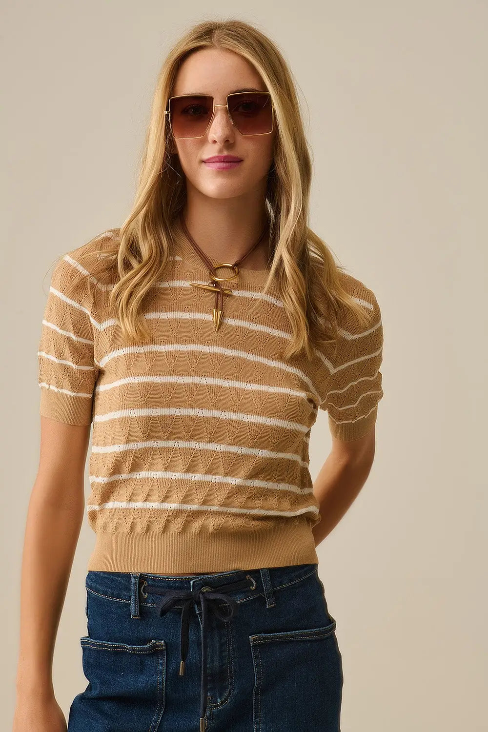 Camel Openwork Knit Top with Short Sleeves and White Stripes - One Size / Brown - Sweaters