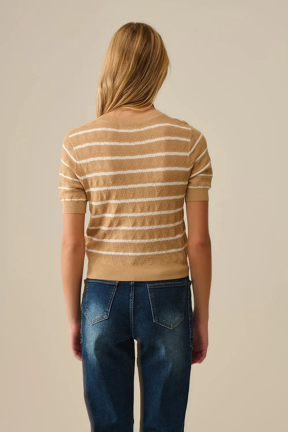Camel Openwork Knit Top with Short Sleeves and White Stripes - One Size / Brown - Sweaters
