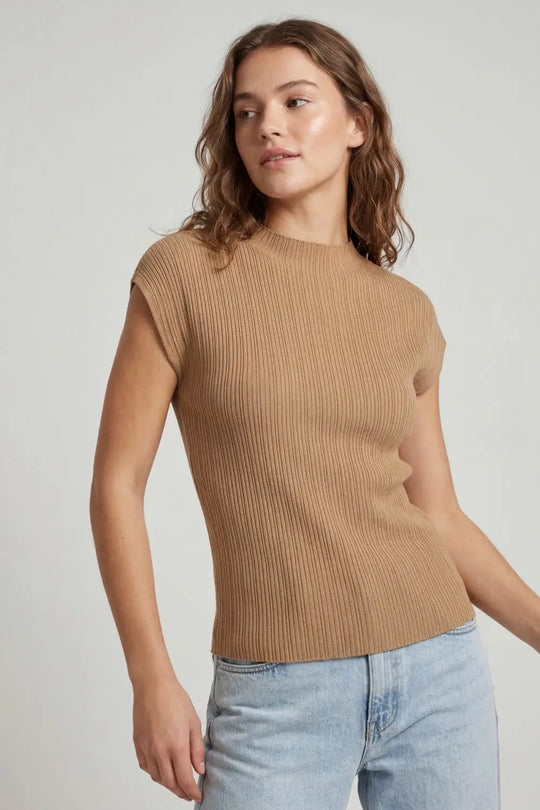 Camel Ribbed Knit Sleeveless Top with Crew Neck - One Size / Brown