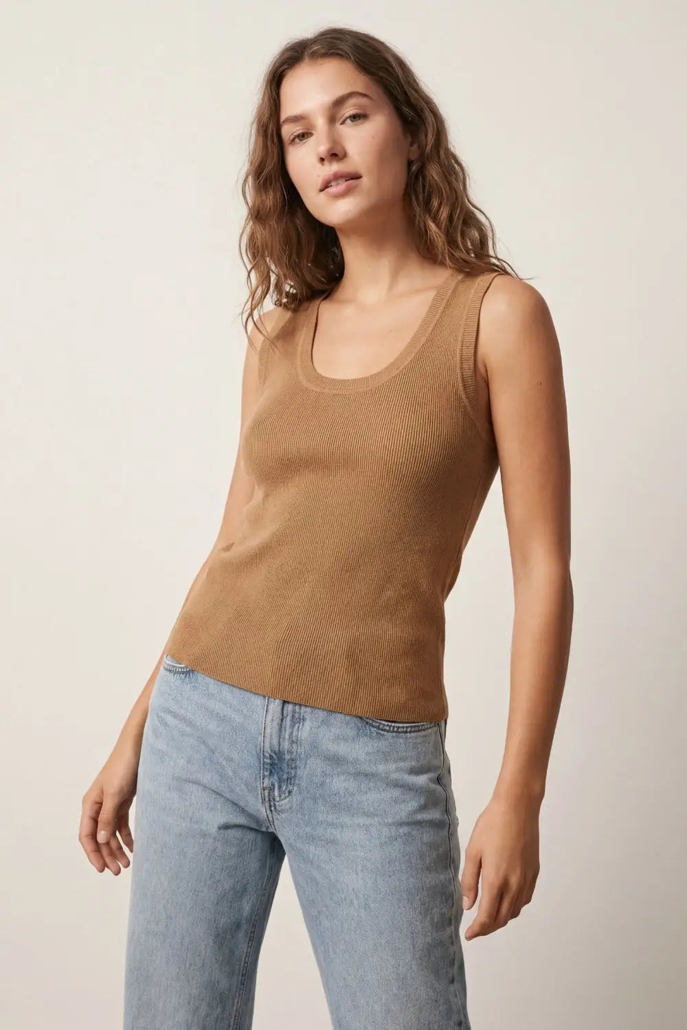 Camel Ribbed Knit Tank Top with Scoop Neck - One Size / Brown