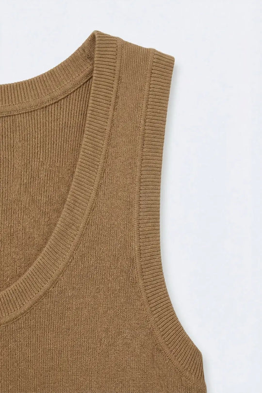 Camel Ribbed Knit Tank Top with Scoop Neck - One Size / Brown
