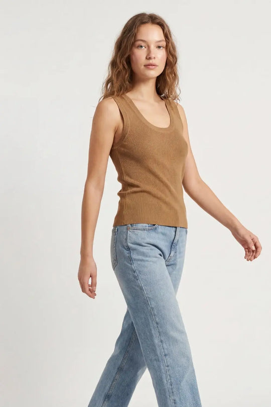 Camel Ribbed Knit Tank Top with Scoop Neck - One Size / Brown