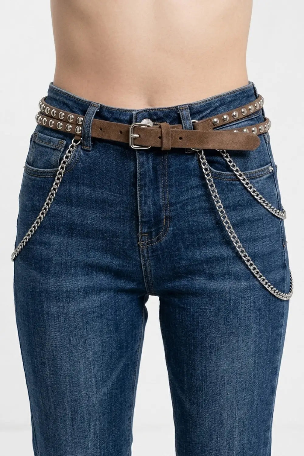 Camel Studded Belt with Hanging Chains - Accesory