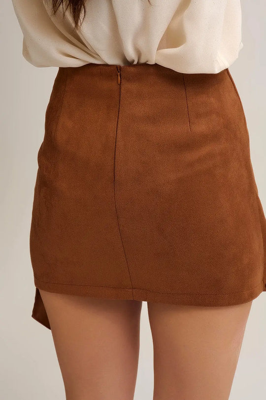 Camel Studded Wrap Mini Skirt with Belt Detail - Skirts