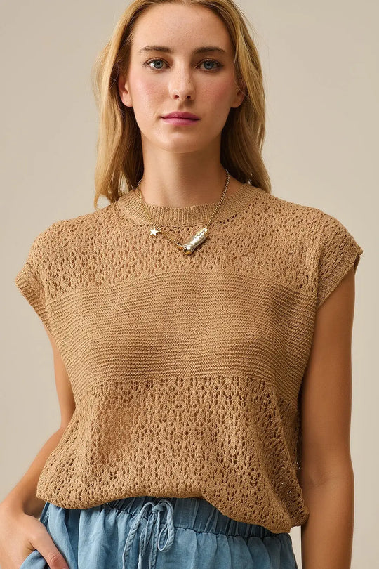 Q2 Camel sweater with soft open knit and dropped sleeves