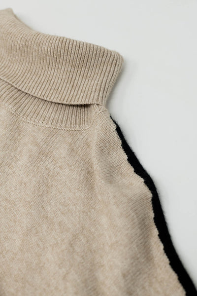 Camel turtleneck sweater with black side stripe