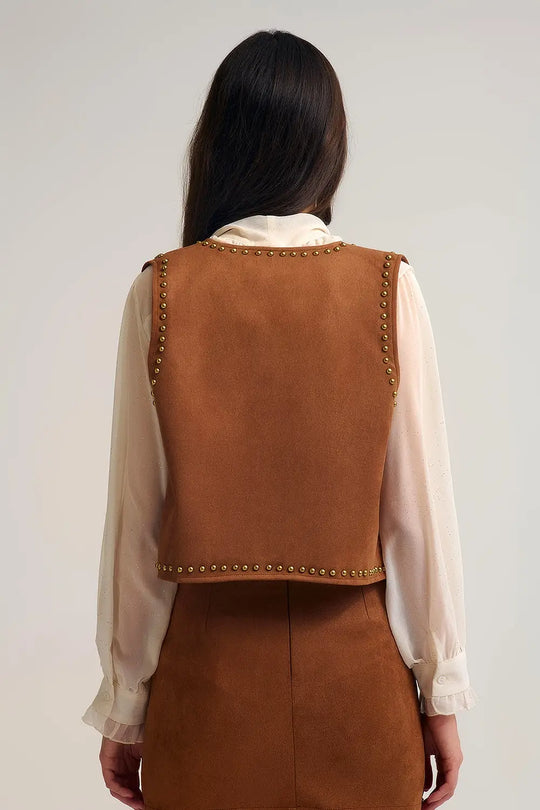 Camel Vest with Metallic Stud Details - Tops