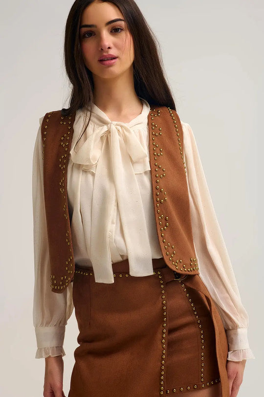 Camel Vest with Metallic Stud Details - Tops