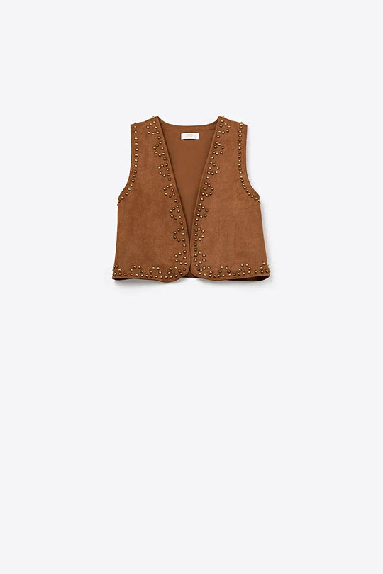 Camel Vest with Metallic Stud Details - Tops