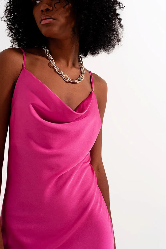 Pink Satin Cowl Neck Dress - Dresses