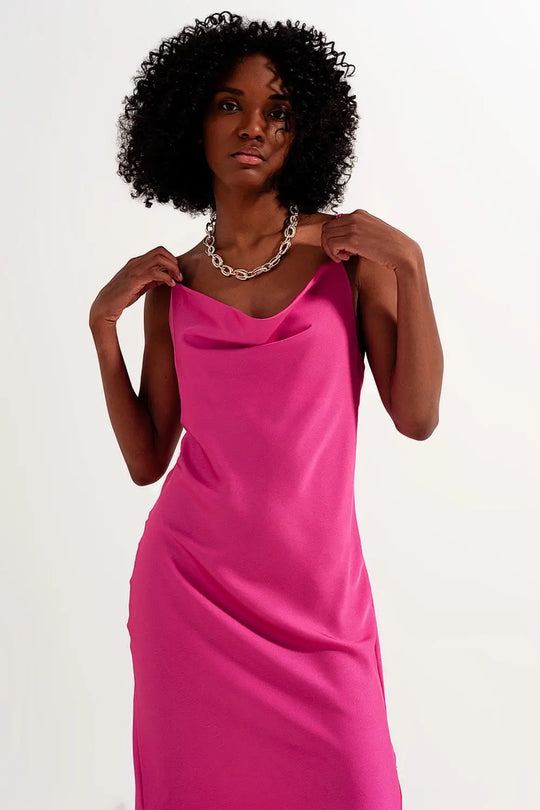 Pink Satin Cowl Neck Dress - Dresses