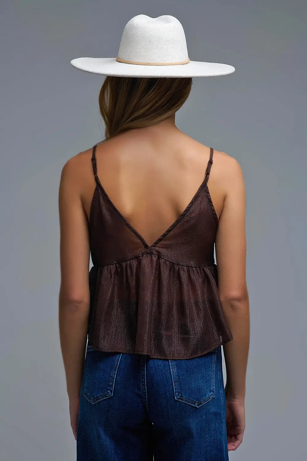 Camisole à paillettes marron avec détails floraux embellis - Tops