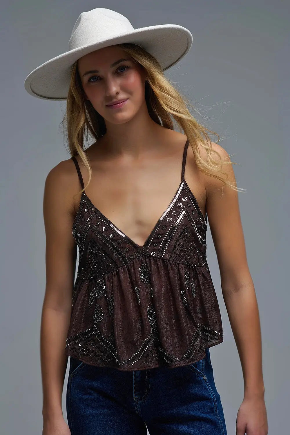 Camisole à paillettes marron avec détails floraux embellis - Tops