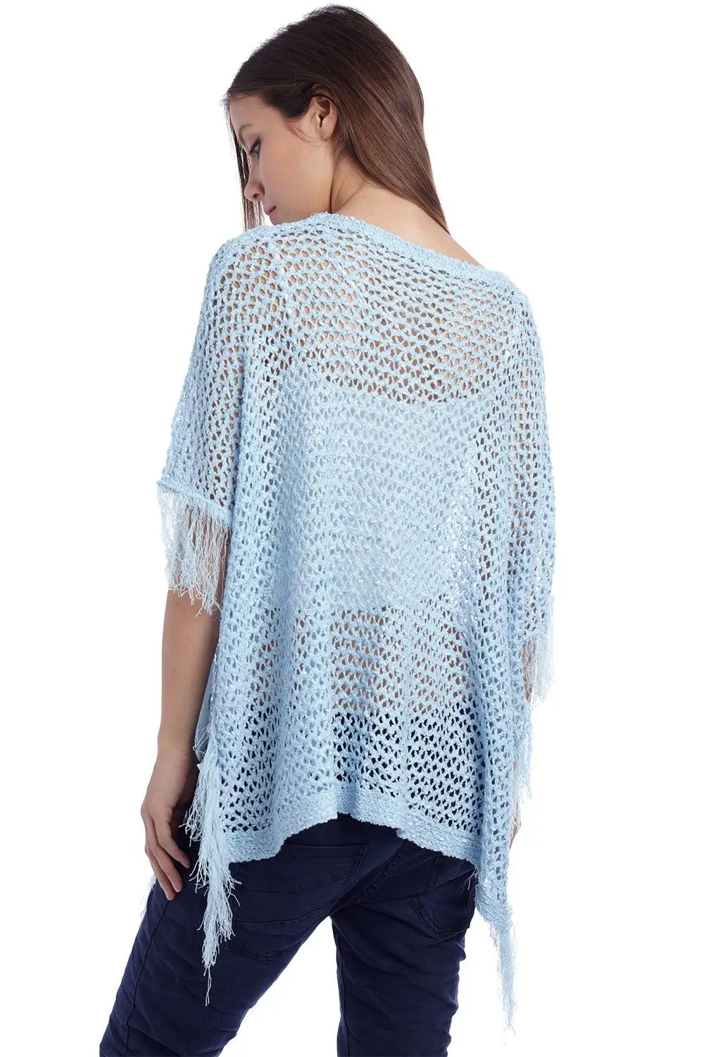 Cape style poncho avec franges bleu - One Size / bleu - Pulls