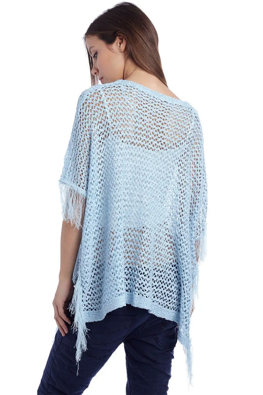 Cape style poncho avec franges bleu - One Size / bleu - Pulls